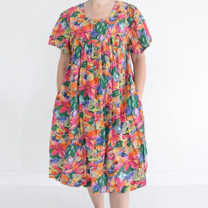 Vintage 90's Tropical  Hawaiian Floral Smocking Kaftan Lounger Midi Tent Dress